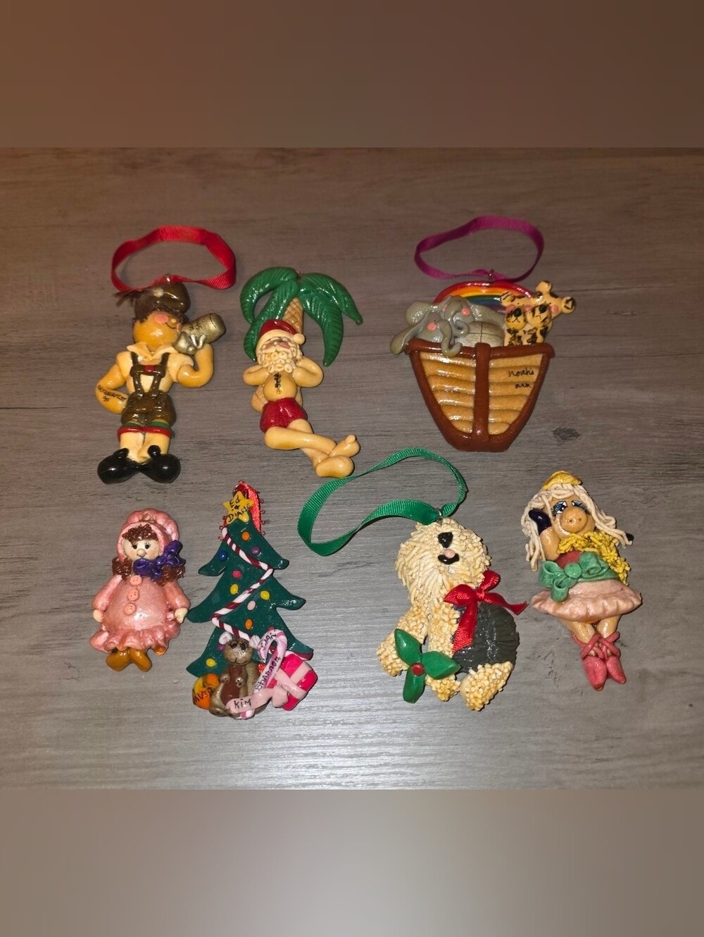 Handmade Lot Of 7 Glazed Dough Christmas Ornaments Vintage Noah's Ark & More